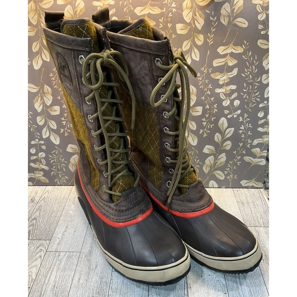 Sorel Sorelli Waterproof Hand Crafted Boots Size 9  Green Wool Brown Preppy‎